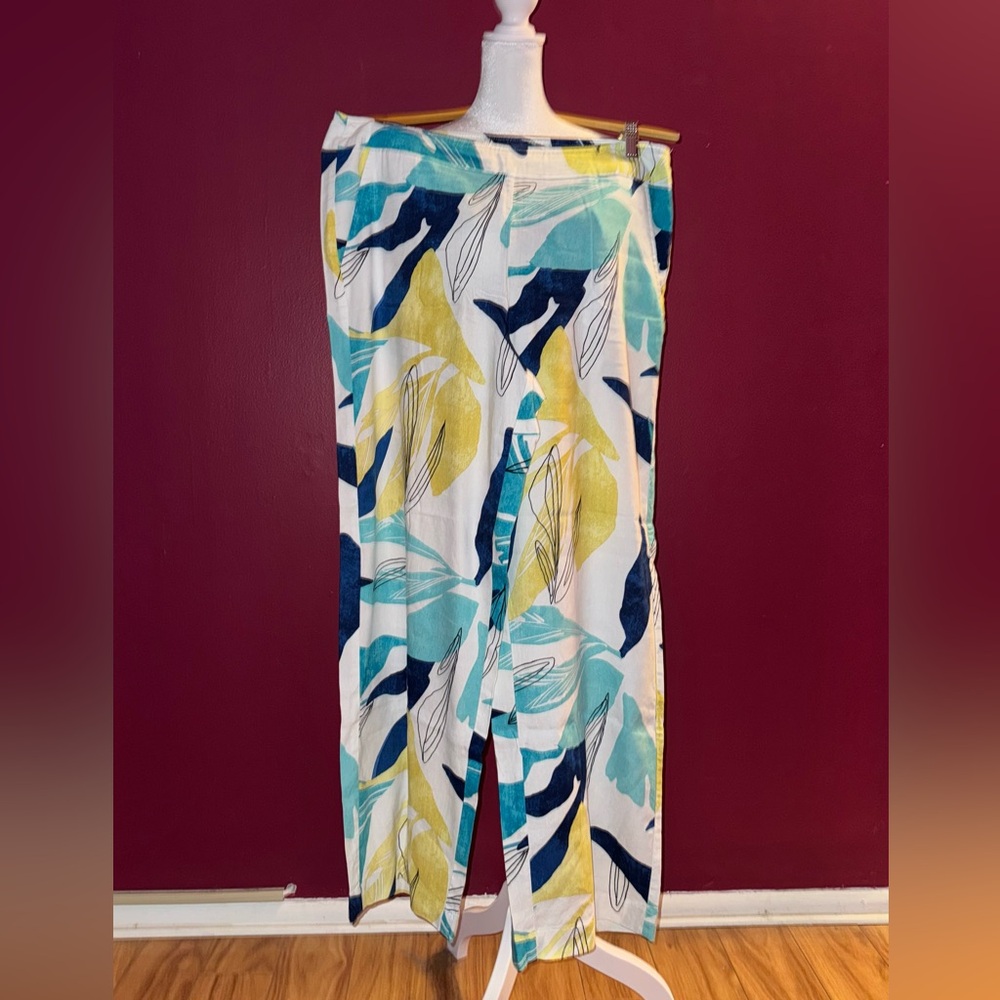 Chico's Tropical Leaf Wide Leg Pants in Teal, Navy & Yellow Size 3/XL